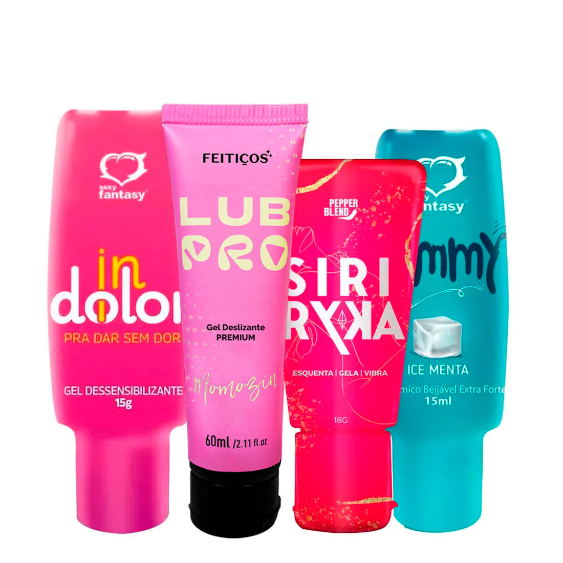 Kit com Yummy Gel Térmico LubPro Momozin Gel Siri Ryca e InDolor Gel Dessensibilizante