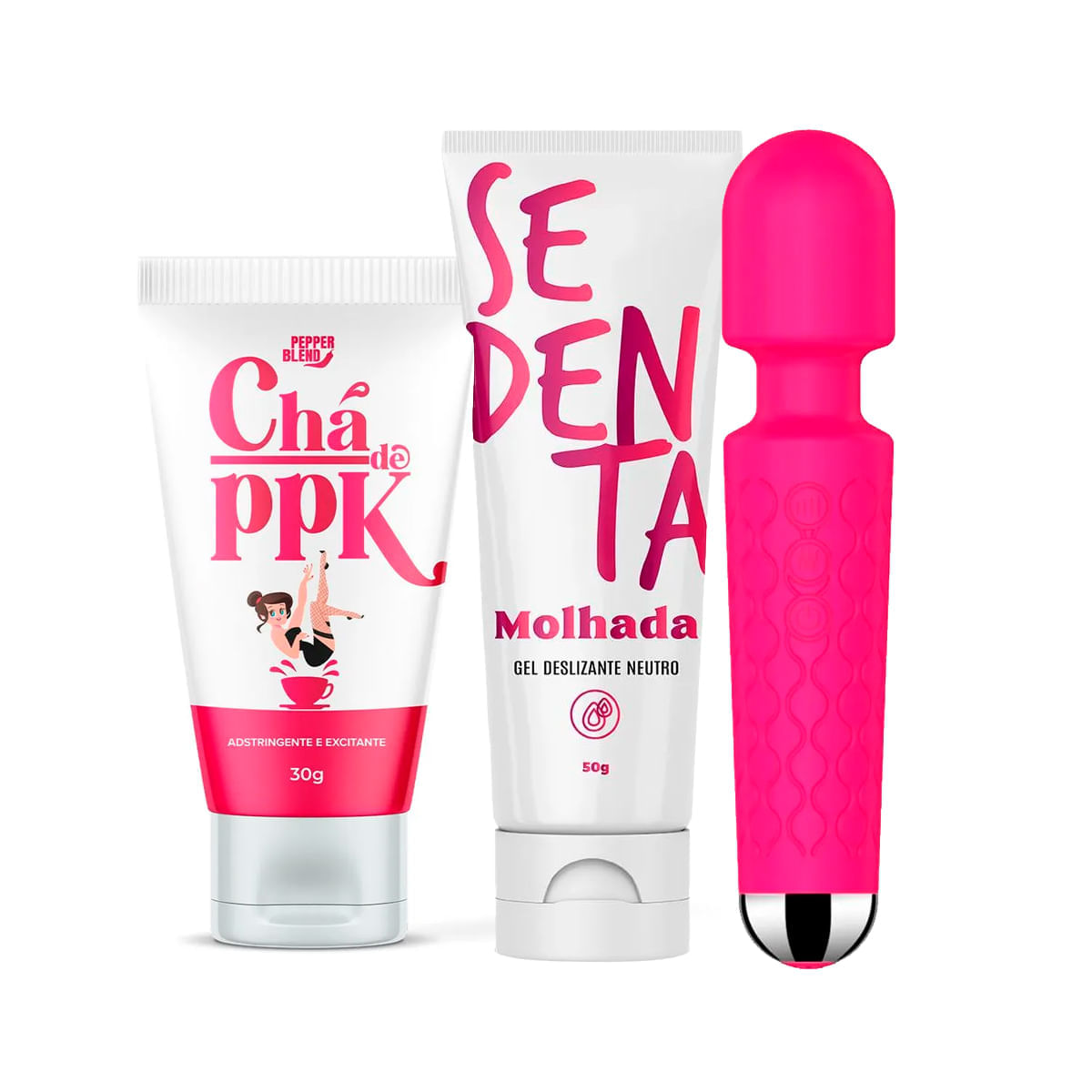 Kit com Sedenta Molhada Deslizante Vibrador Varinha Mágica e Chá de PPK Adstrigente