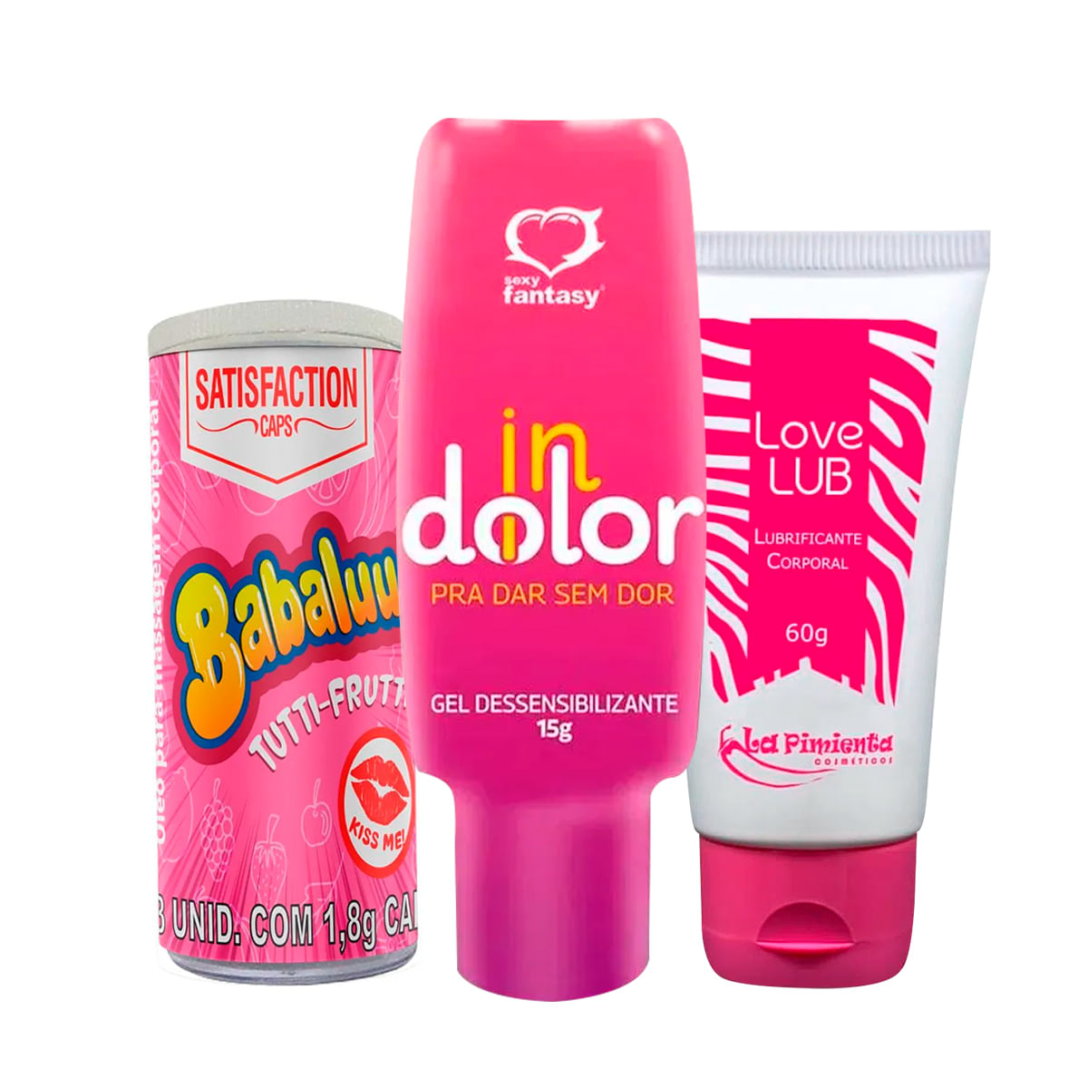 Kit com Love Lub Lubrificante InDolor Dessensibilizante e Babaluu Bolinha Cápsula