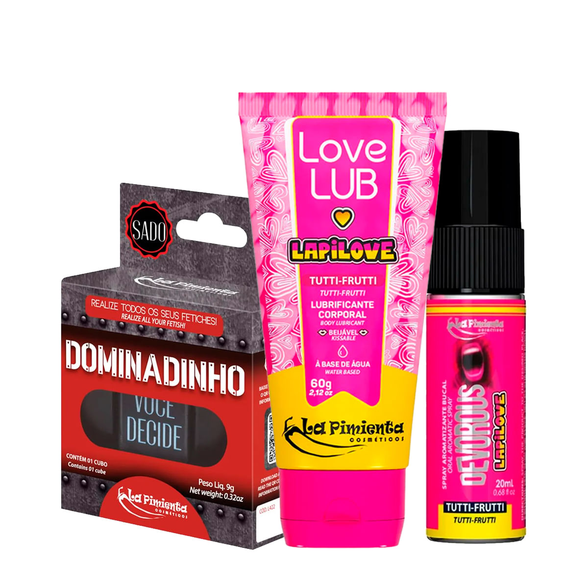 Kit com Love Lub LapiLove Lubrificante Devorous Bubbalove Spray e Dominadinho Jogo