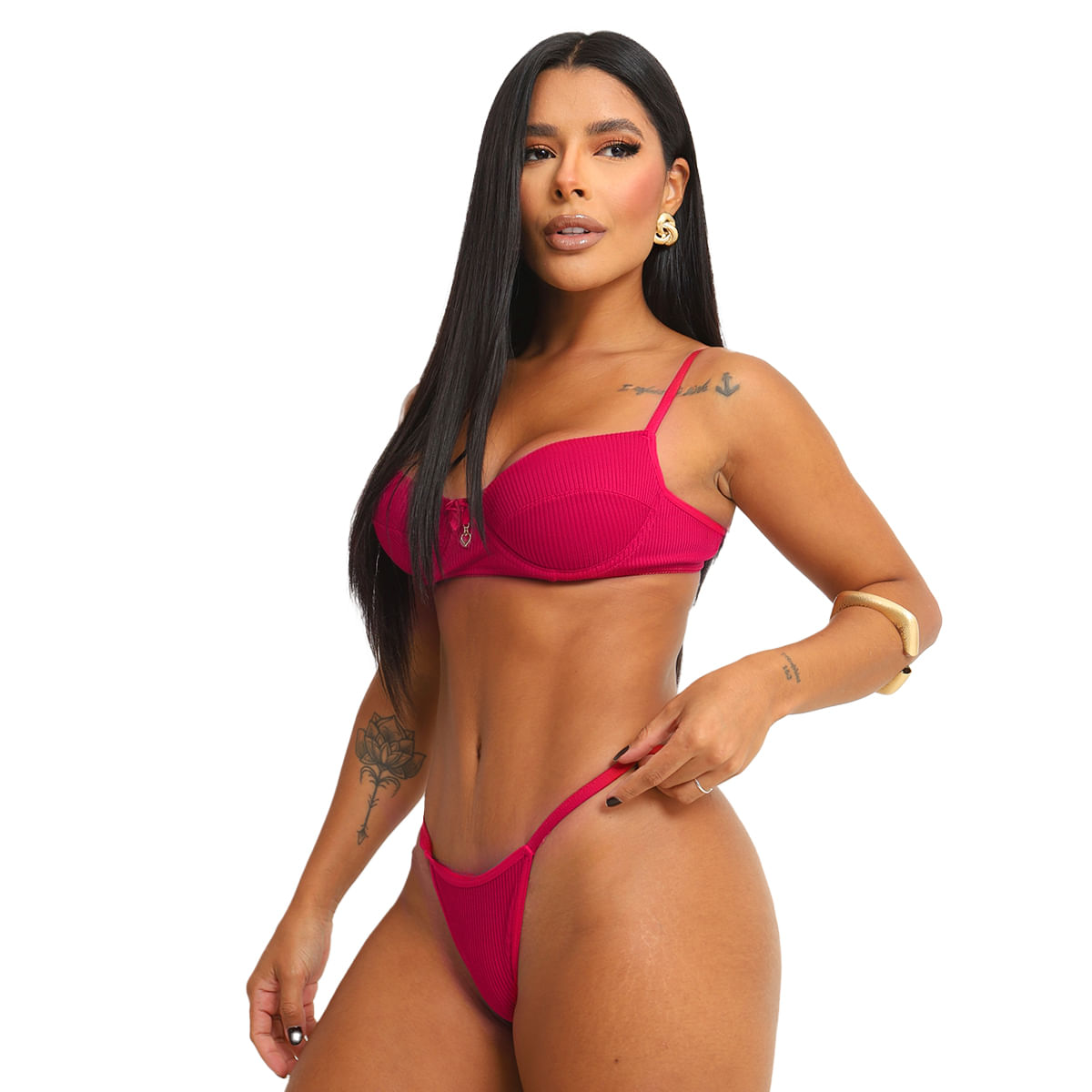Conjunto Canelado sem Bojo e Fio Dental Duplo com Pingente de Coração Hot Love