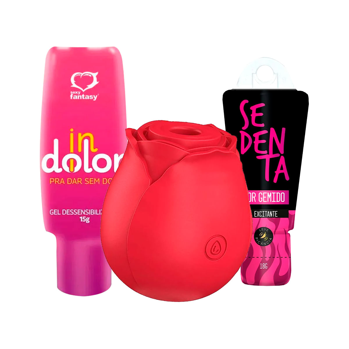 Kit com Rosa Estimuladora de Clitóris Sedenta por Gemido e InDolor