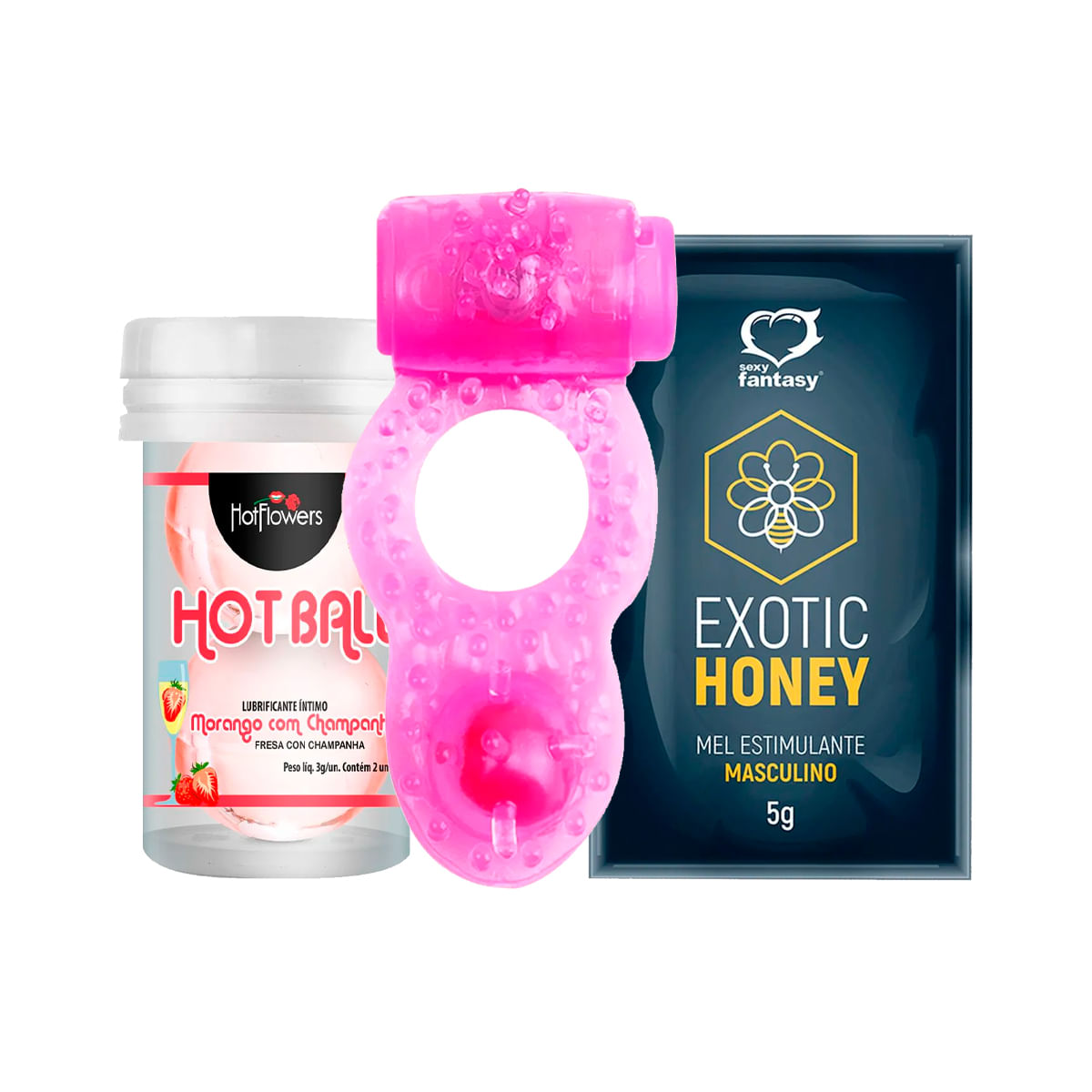 Kit com Hot Ball Beija Muito Anel Peniano com Vibrador e Exotic Honey