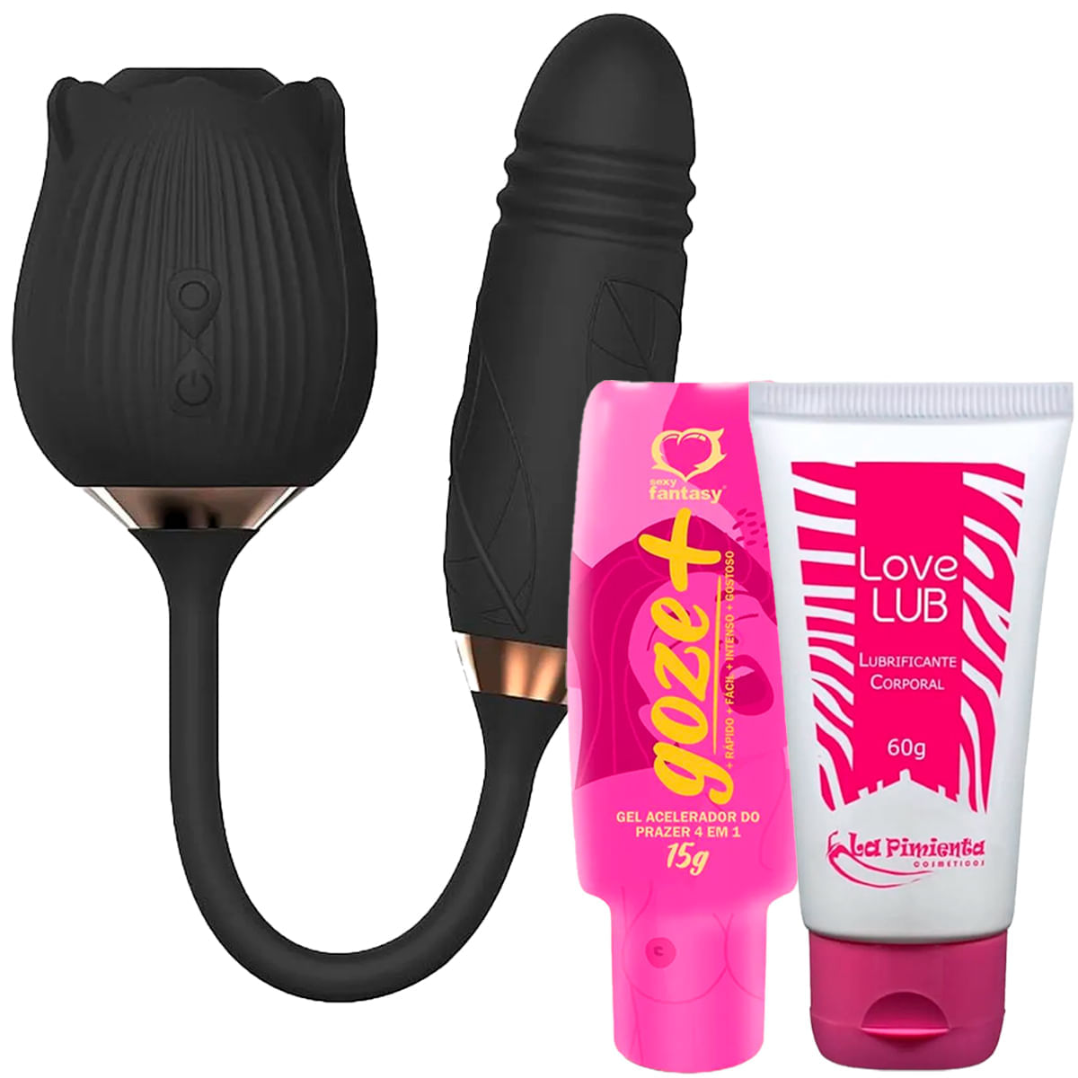 Kit com Vibrador Sophie, Love Lub Neutro e Goze+ Kit com Vibrador Sophie, Love Lub Neutro e Goze+