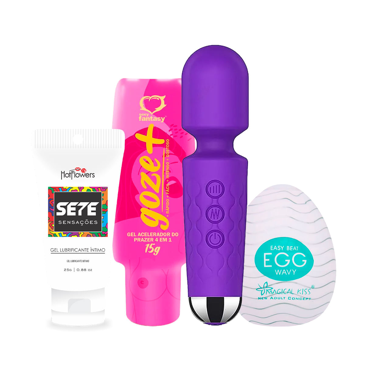Kit com Varinha Mágica Egg Wavy Masturbador Sete Sensações Lubrificante Íntimo e Excitante Goze +
