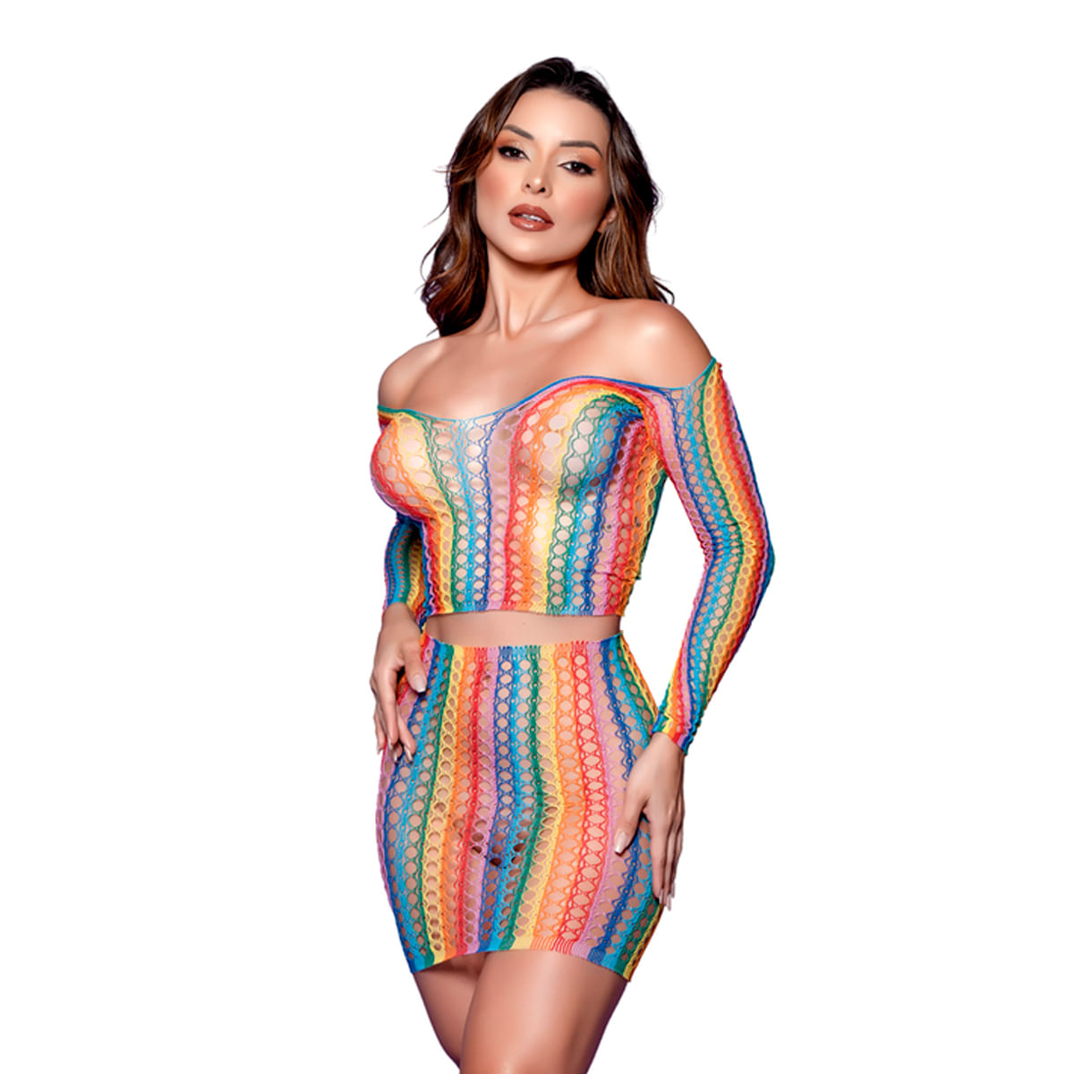 Bodystocking Conjunto Multicolorido com Cropped de Manga e Saia Yaffa Lingerie