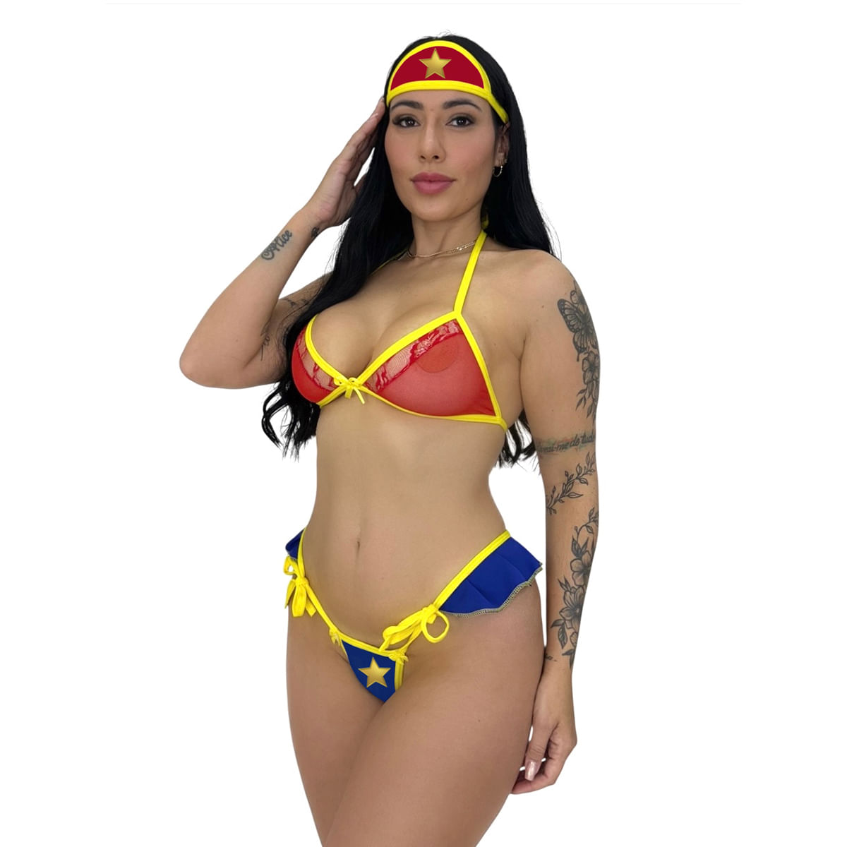 Mini Fantasia Mulher Maravilha com Tiara Sutiã em Tule e Calcinha com Babado