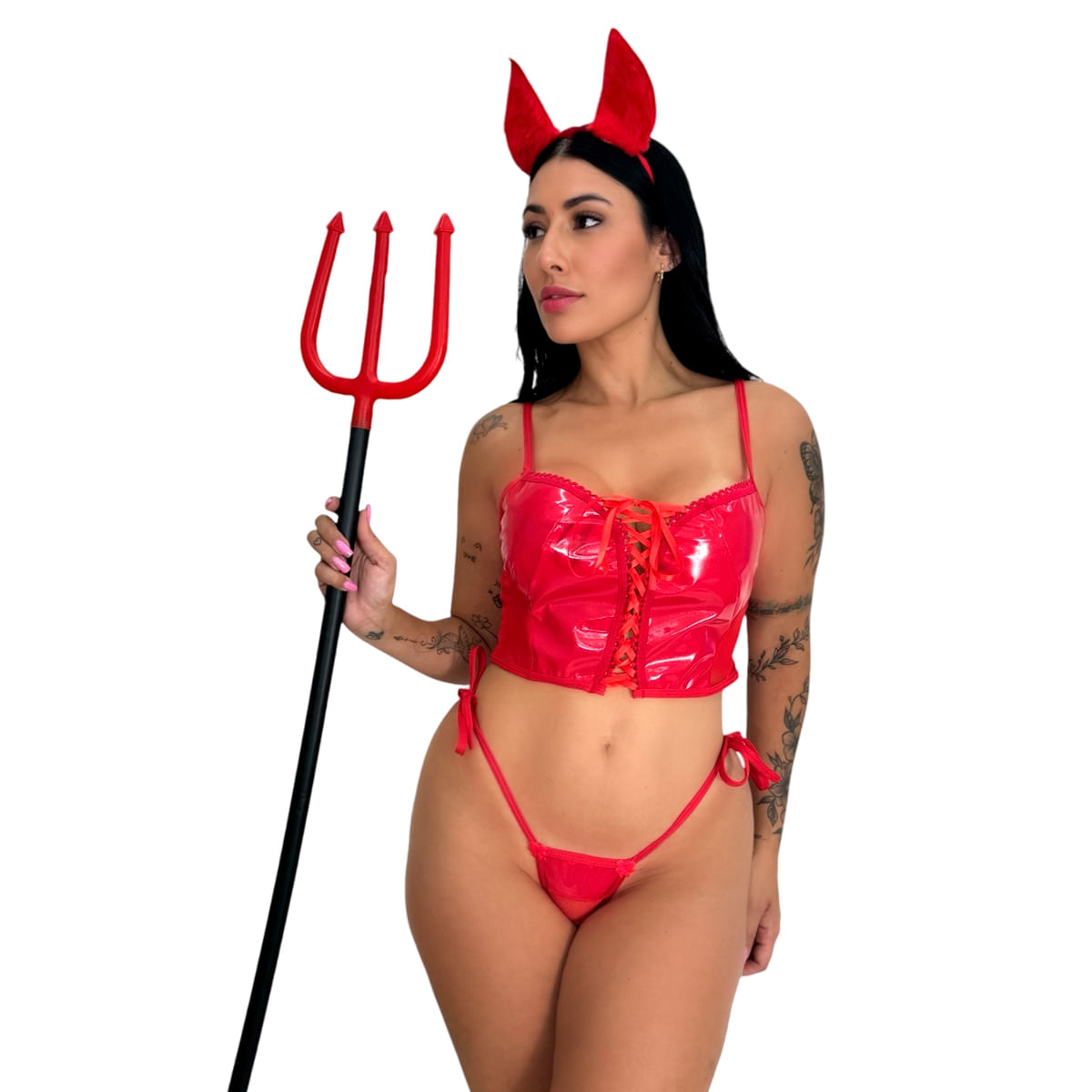 Fantasia Diabinha de Couro com Tiara Cropped Trançado e Calcinha Fio Dental