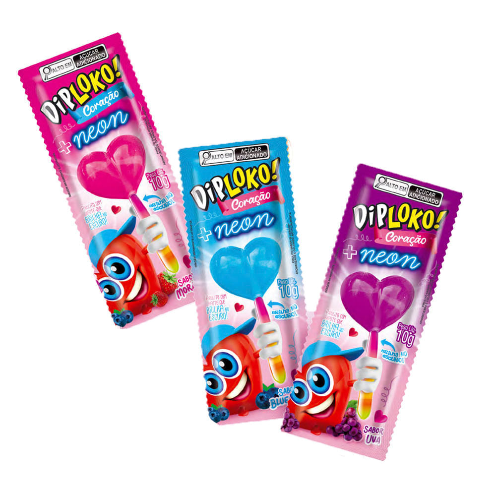 Dip Loko Coração + Neon Pirulito com Haste que Brilha no Escuro 10g Danilla