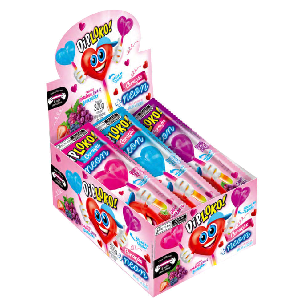 Dip Loko Coração + Neon Pirulito com Haste que Brilha no Escuro 10g Danilla
