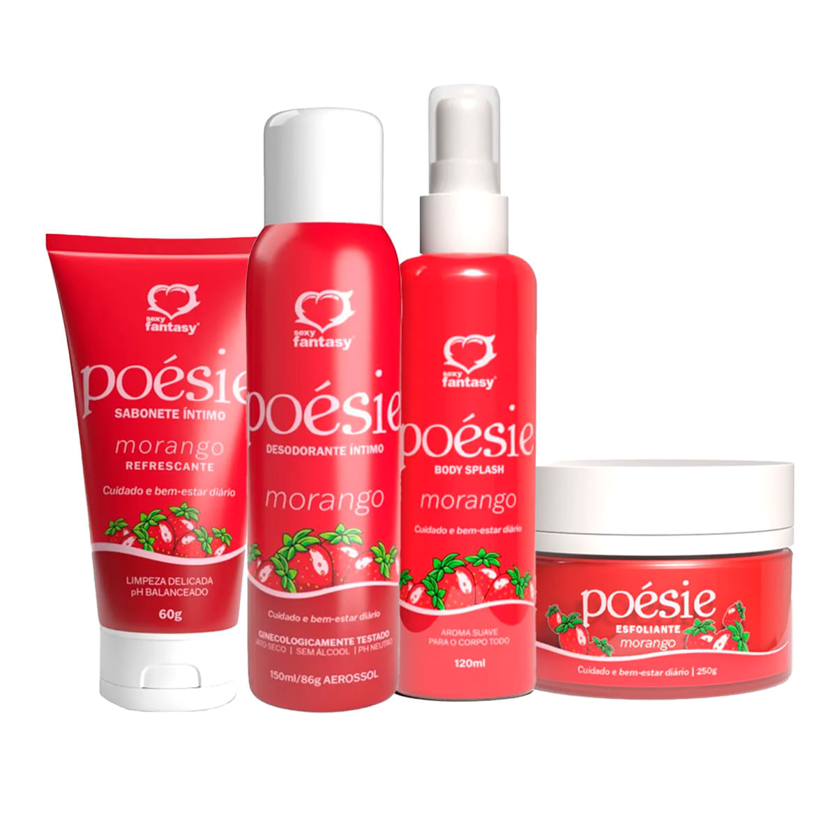 Kit com Body Splash Sabonete Esfoliante Corporal e Desodorante Morango Linha Poésie
