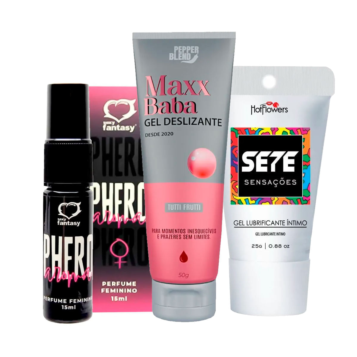 Kit com Perfume Phero Feminino Maxx Baba Lubrificante e Sete Sensações Dessensibilizante