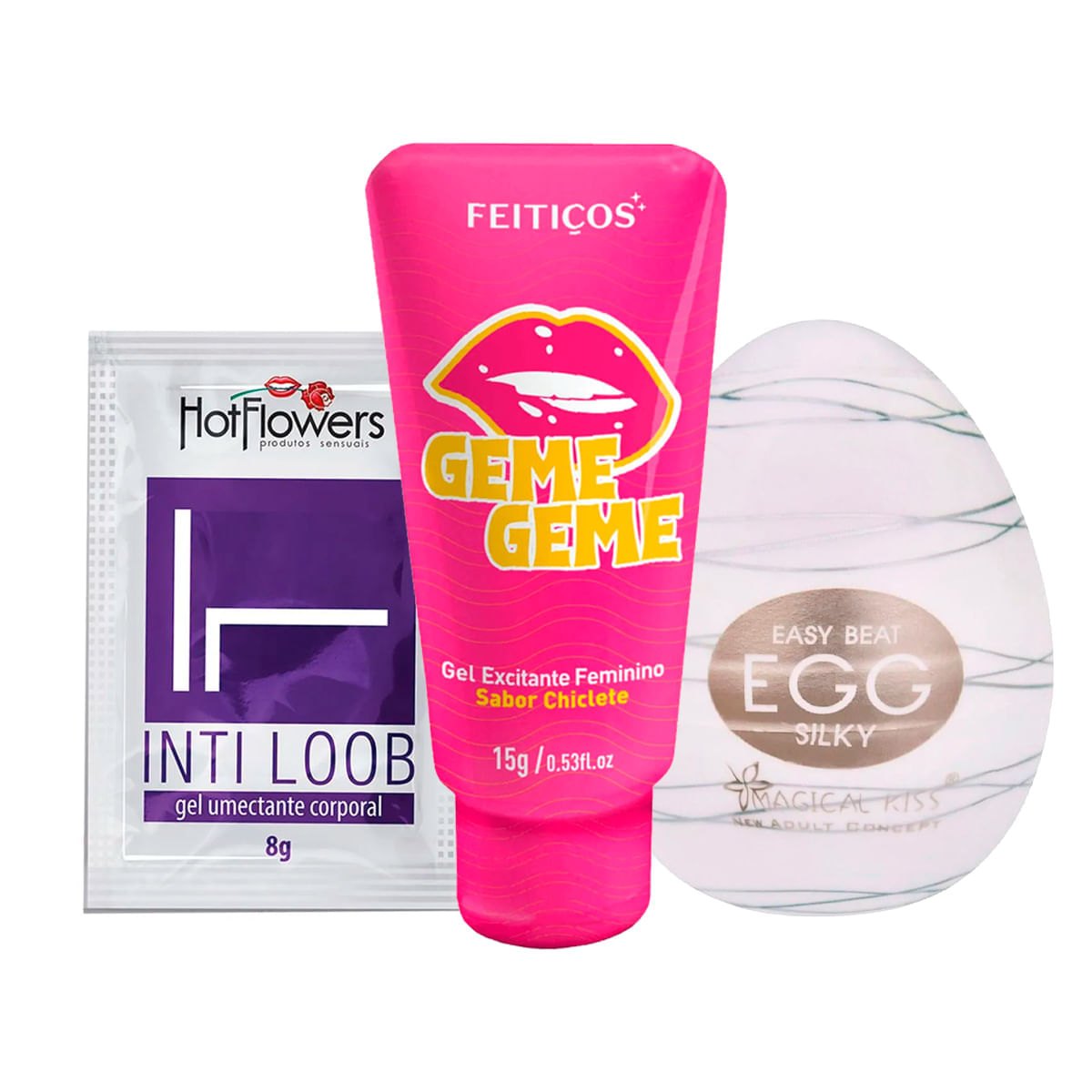Kit com Geme Geme Excitante Lubrificante Inti Loob Egg Silky Masturbador