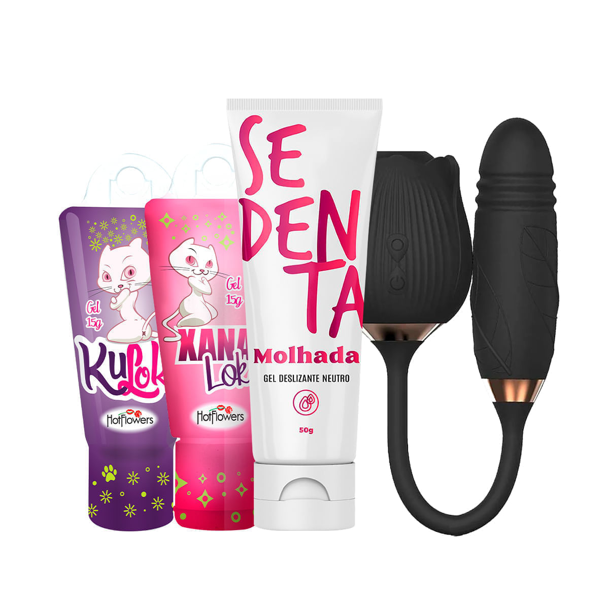 Kit com Sedenta Molhada Kuloko Xana Loka e Vibrador Formato de Rosa