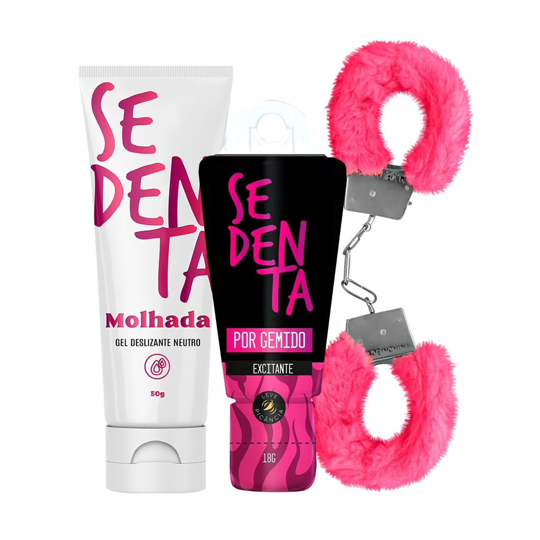 Kit com Sedenta Molhada Sedenta por Gemido e Algema de Metal Revestida de Pelúcia