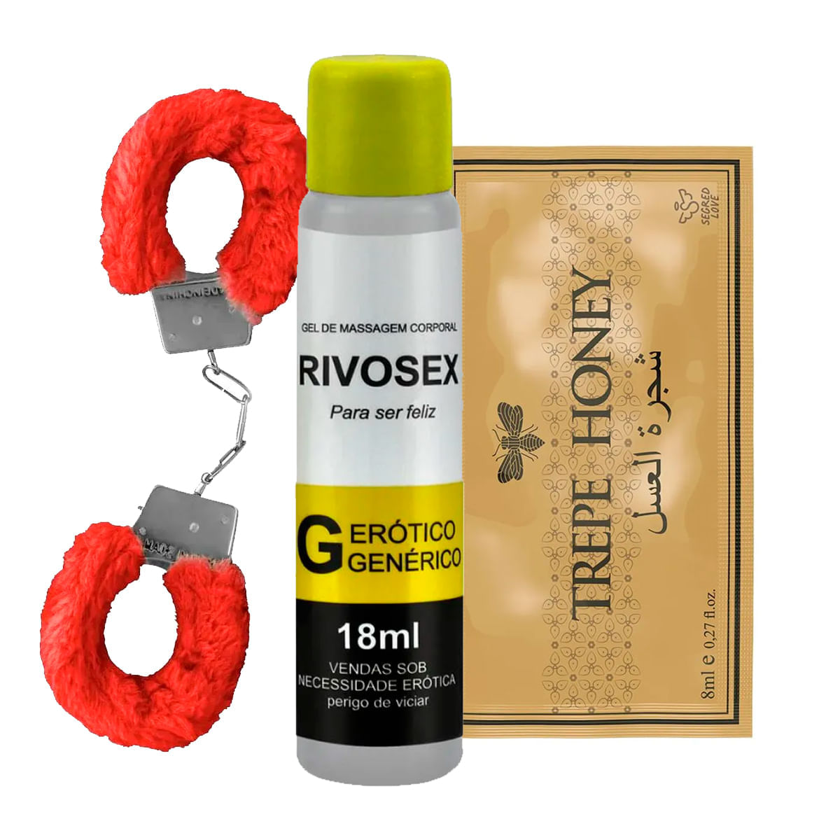 Kit com Algema de Metal Revestida de Pelúcia Rivosex e Trepe Honey