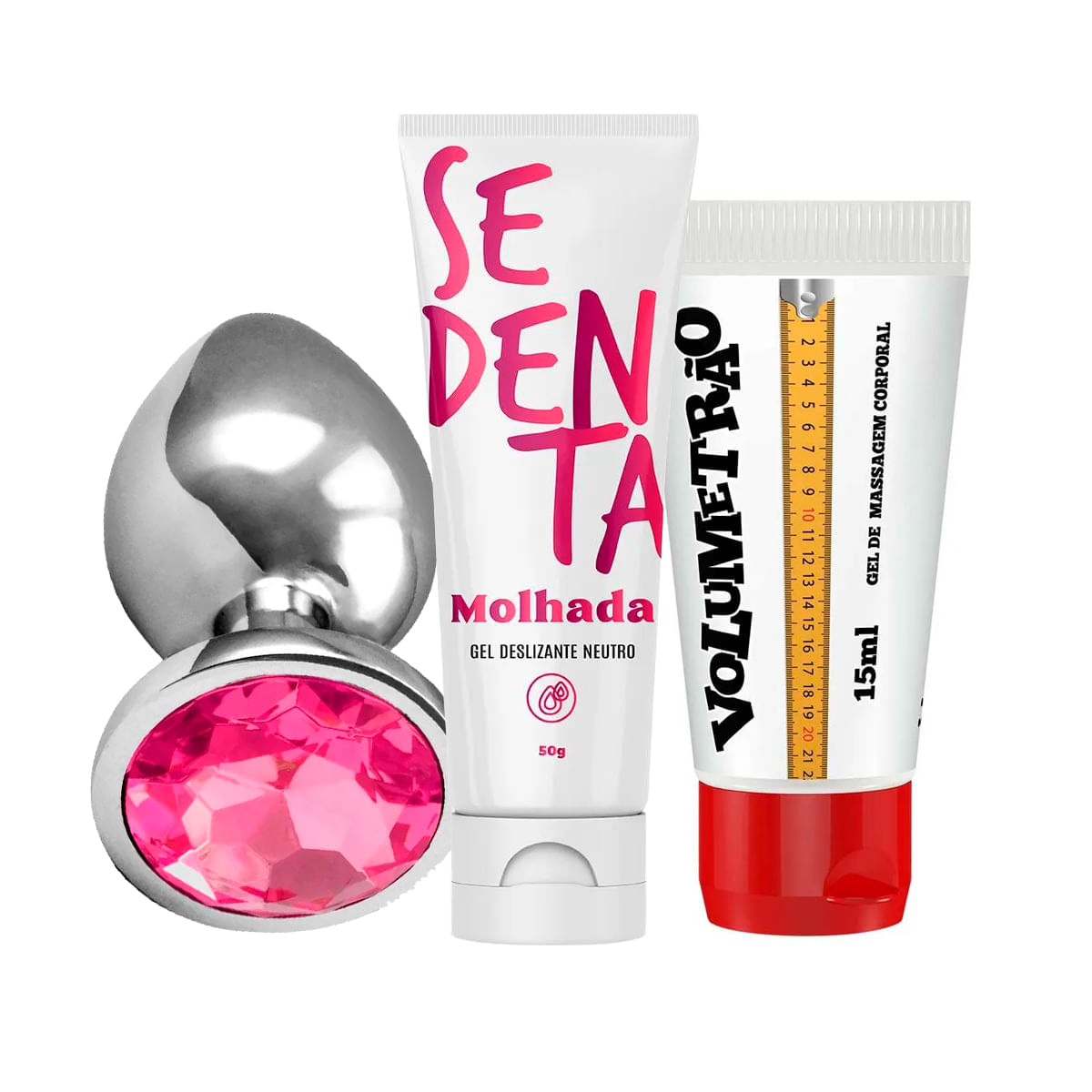 Kit com Plug Anal Tamanho Pequeno Sedenta Molhada e Volumetrão