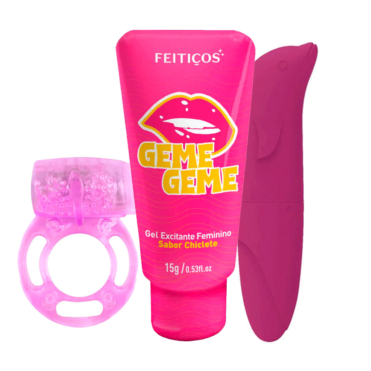 Kit com Geme Geme Vibrador Ponto G Golfinho Aveludado e Anel com Vibrador e Estimulador