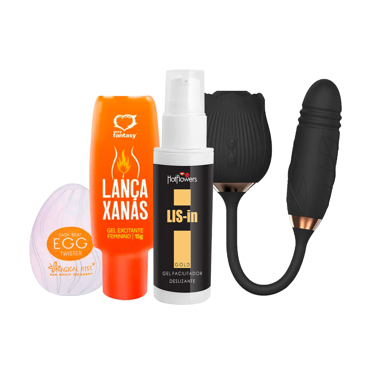 Kit com LIS-In Lança Xanas Egg Twister e Vibrador Formato de Rosa