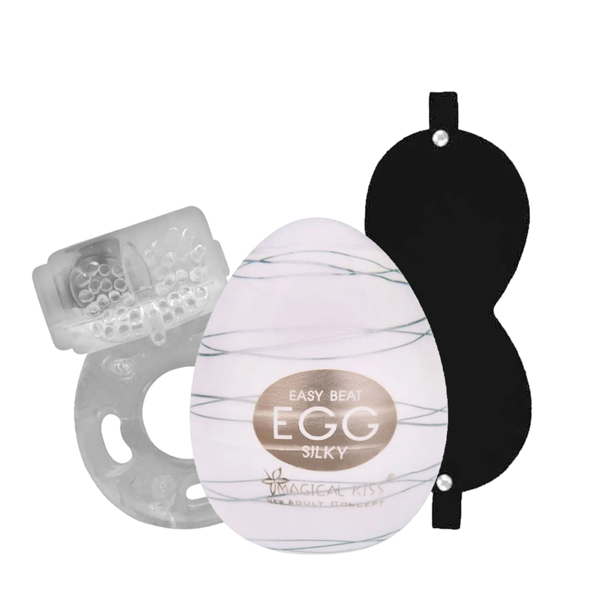 Kit com Anel Peniano com Vibrador Venda de Couro e Egg Silky Masturbador