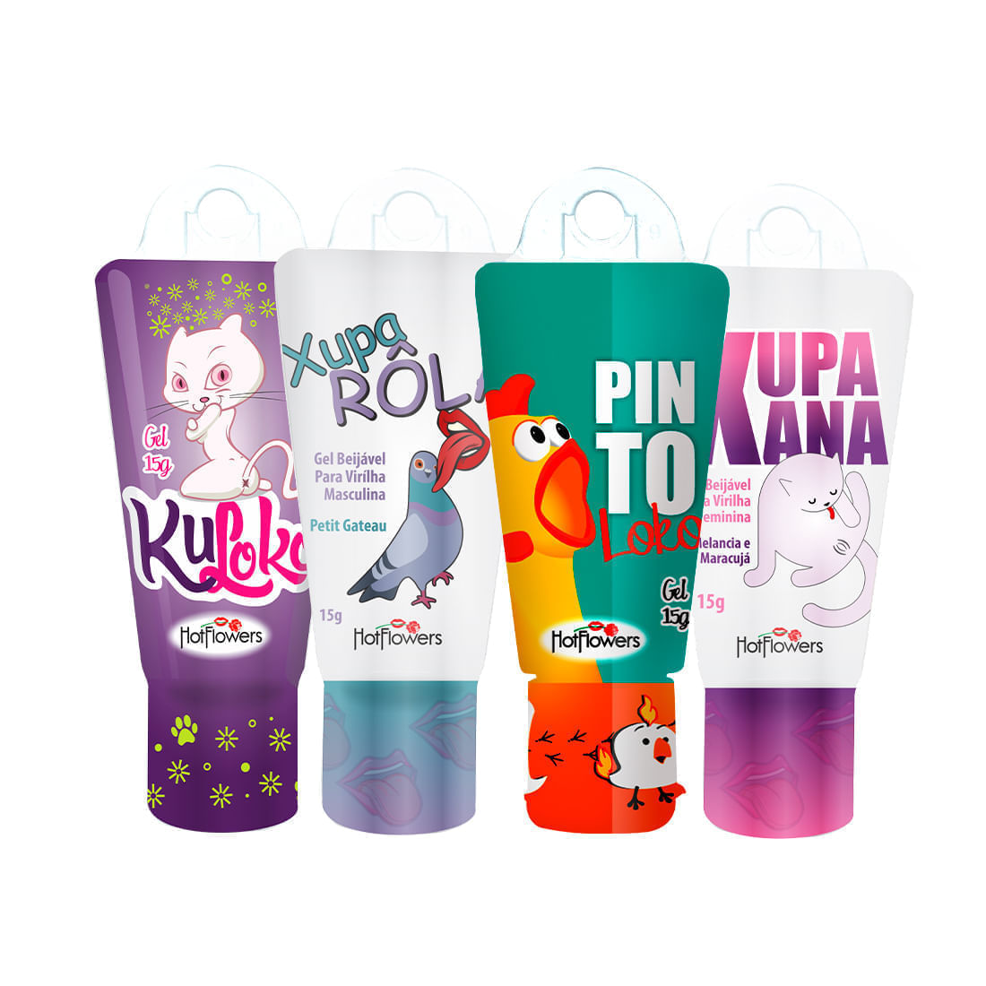 Kit com Pinto Loko Estimulante Gel Xupa Rola Gel Beijável Xupa Xana e Gel Dessensibilizante Kuloko