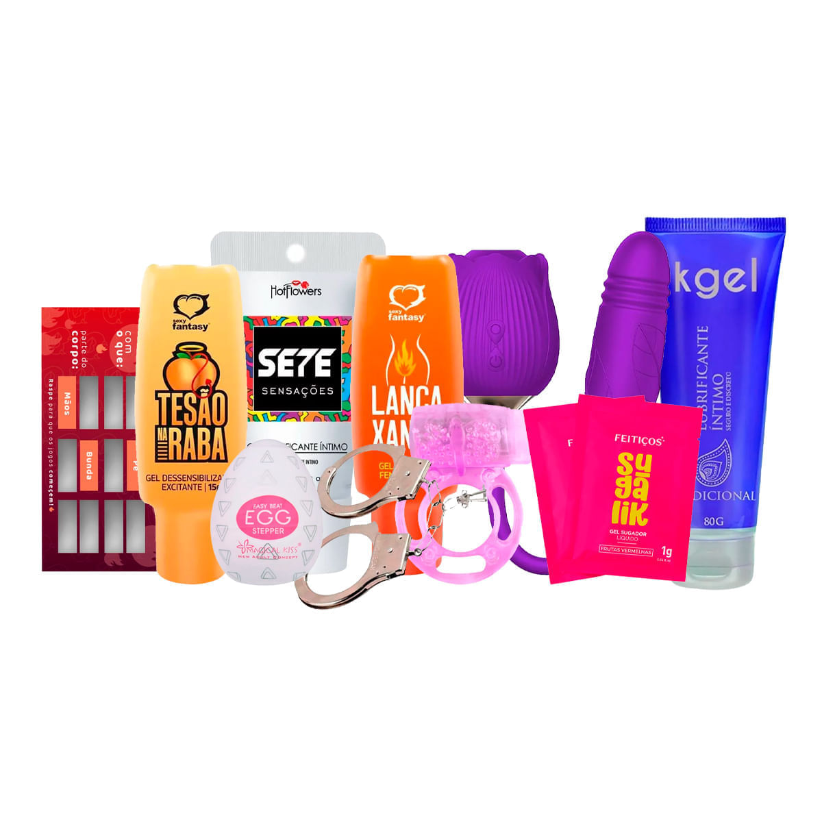 Kit com Sete Sensações Lança Xanas Vibrador Formato Anel Sachê Sugalik Algema Egg Stepper Raspadinha Tesão na Raba e Lub