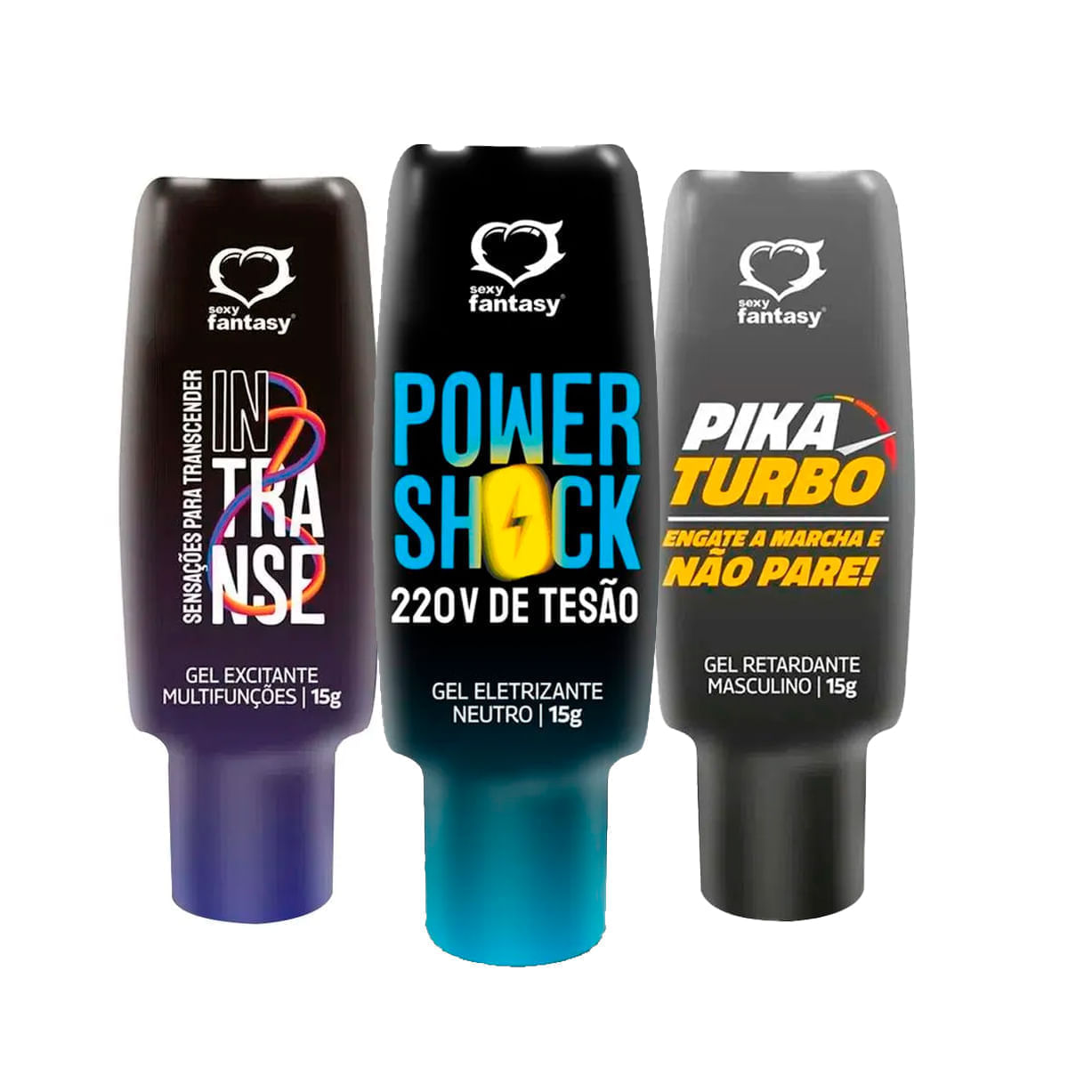 Kit com Gel Eletrizante Power Shock 220 V Gel Excitante In Transe e Gel Retardante Pika Turbo