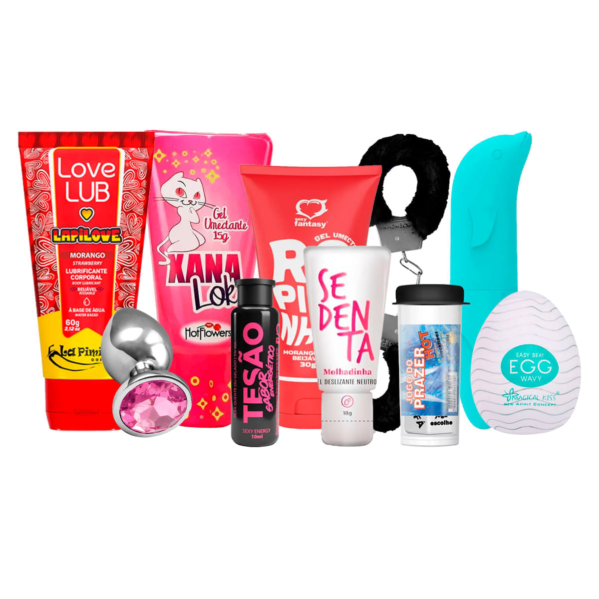 Kit com Xana Loka Rapidinha Golfinho Algema Dados Eróticos Plug P Love Lub LapiLove Tesão Sabor Energético e Molhadinha