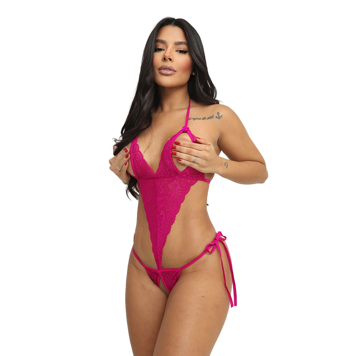 Body Alicia Aberto em Renda Sem Metal Hot Love
