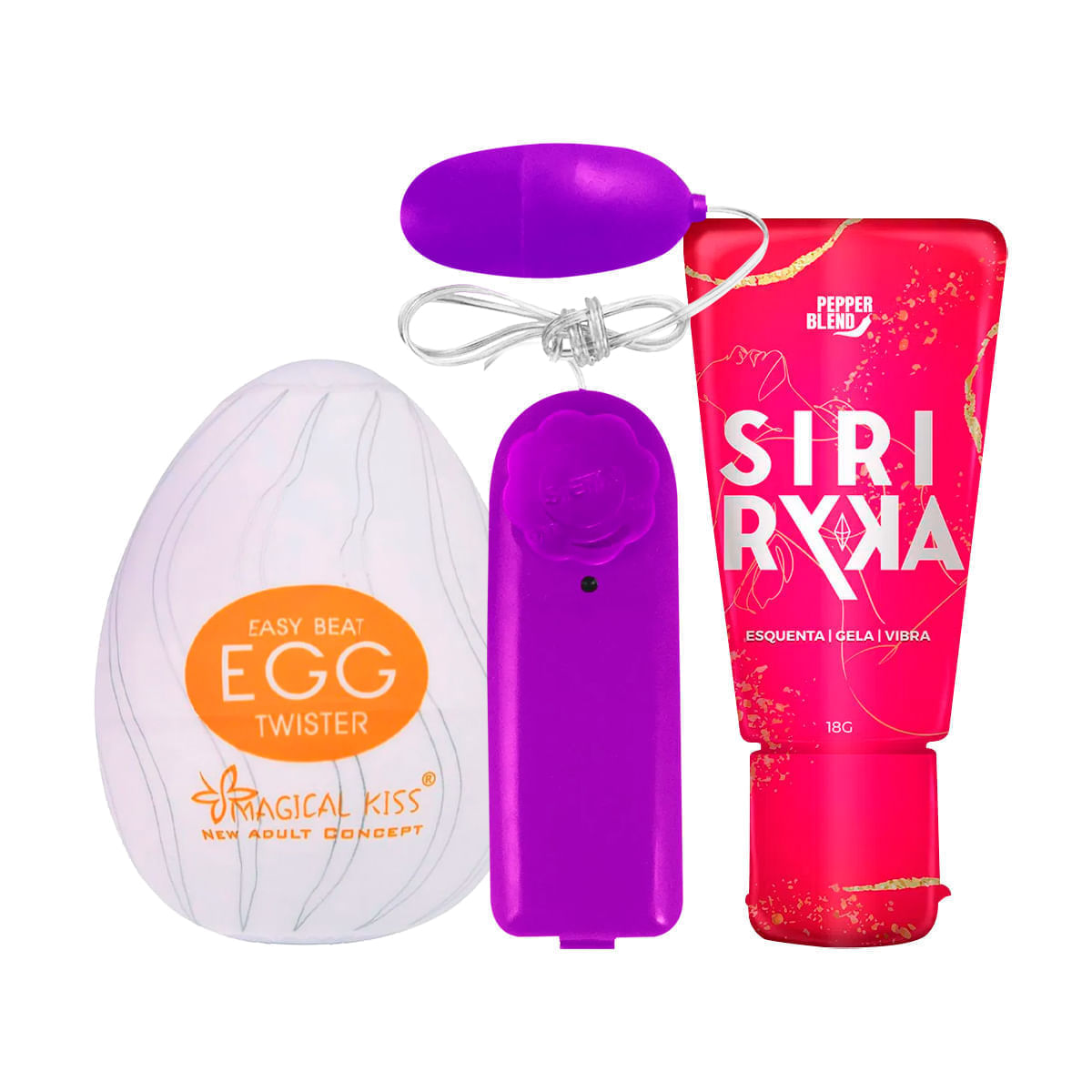 Kit com Masturbador Egg Twister Bullet Vibro Ó Cápsula Vibratória e Siri Ryka Gel Comestível