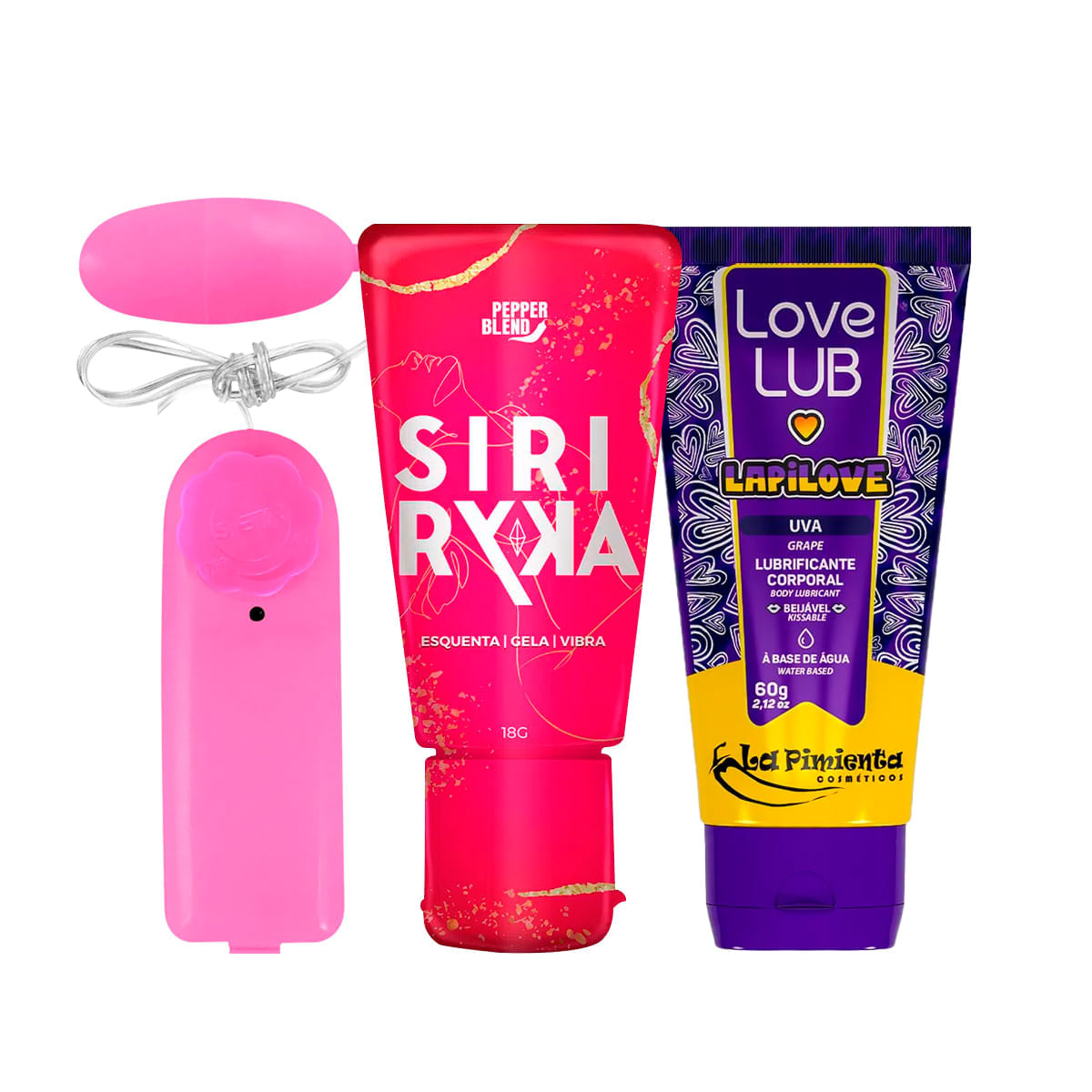 Kit com Vibro Ó Bullet Siri Ryka Excitante e Love Lub LapiLove Lubrificante
