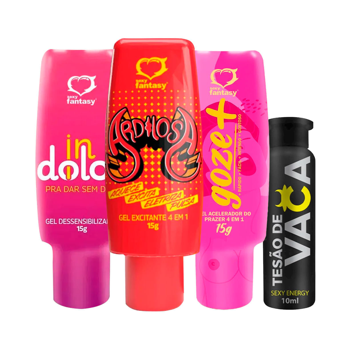 Kit com Indolor Goze + Tesão de Vaca e Ardilosa Gel Excitante 4 em 1