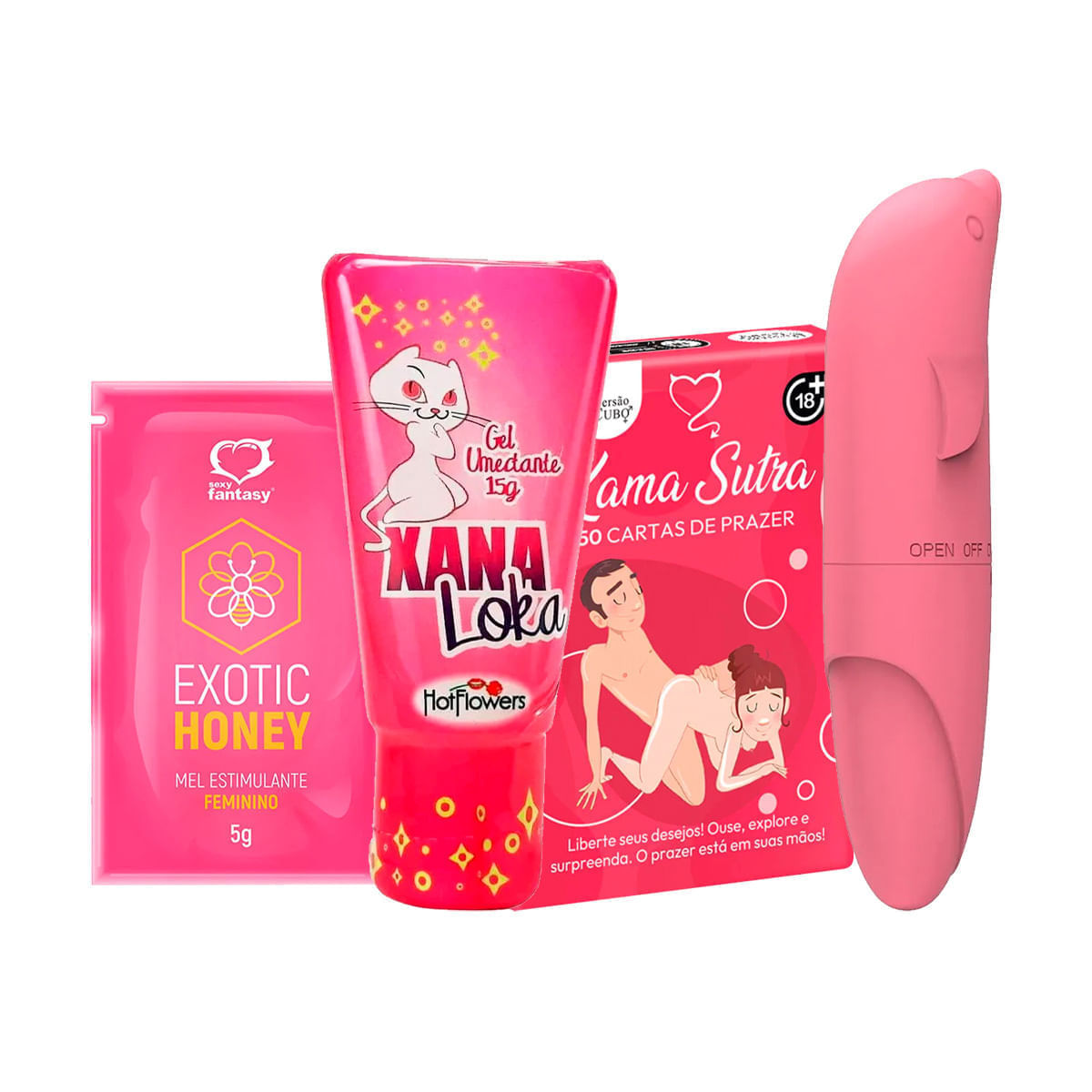 Kit com Xana Loka Exotic Honey Bralho Kama Sutra e Vibrador Ponto G