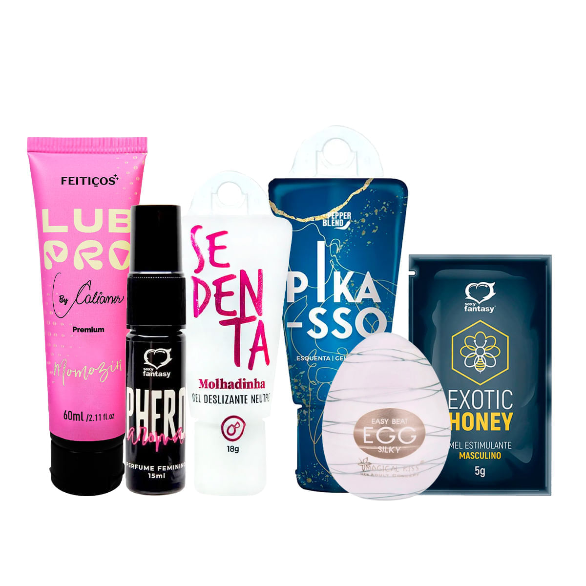 Kit com LubPro Momozin Perfume Phero Feminino Sedenta Molhadinha Pikasso Egg Clicker e Exotic Honey