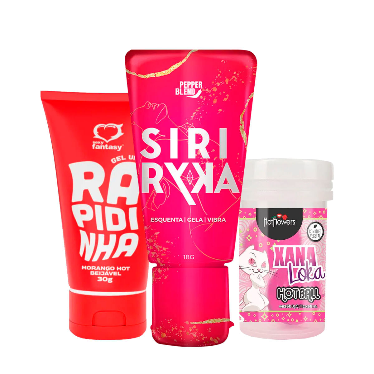Kit com Siri Ryca Gel Comestível Rapidinha Lubrificante Íntimo e Hot Ball Xana Loka
