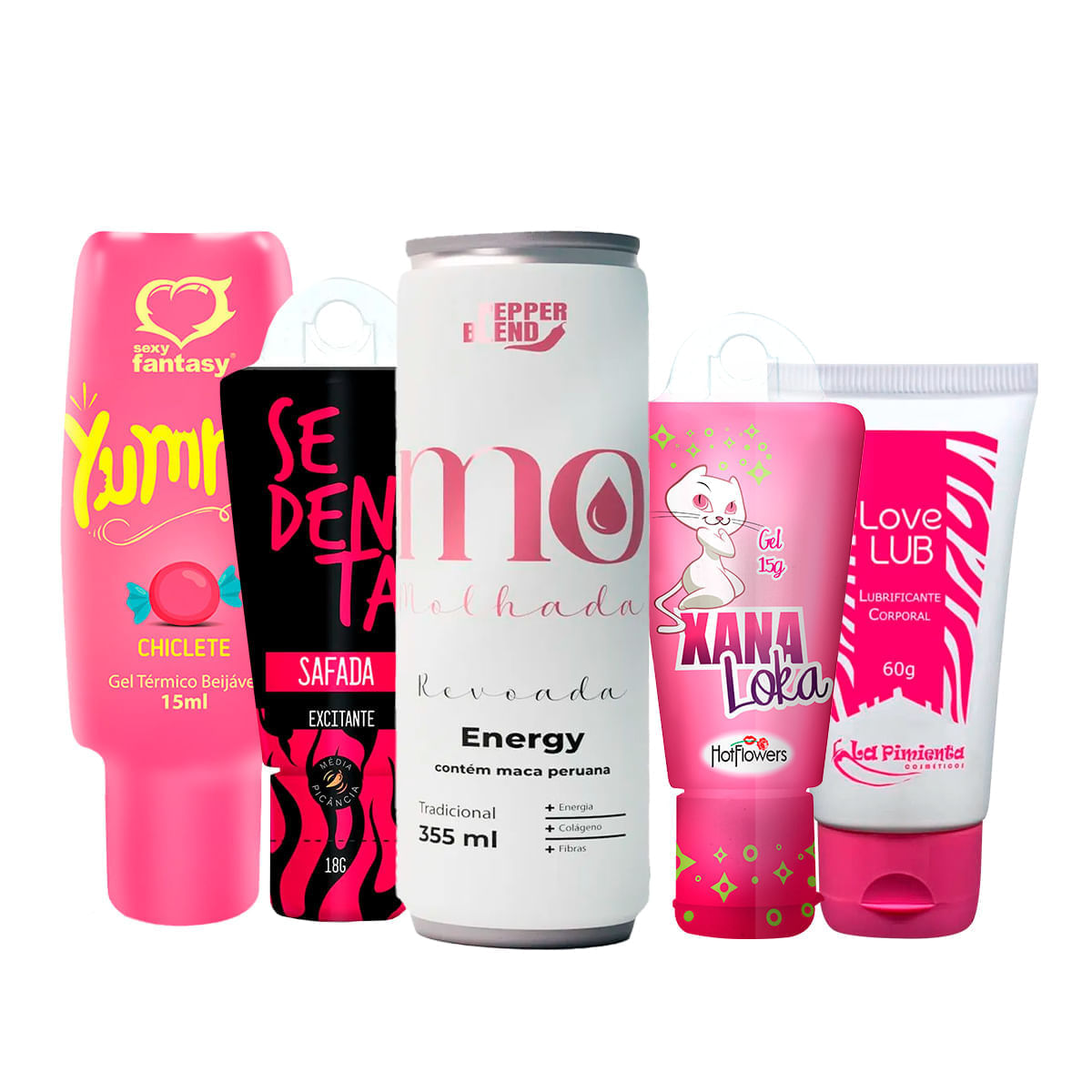 Kit com Energético Estimulante Revoada Sedenta Safada Xana Loka Yummy e Love Lub