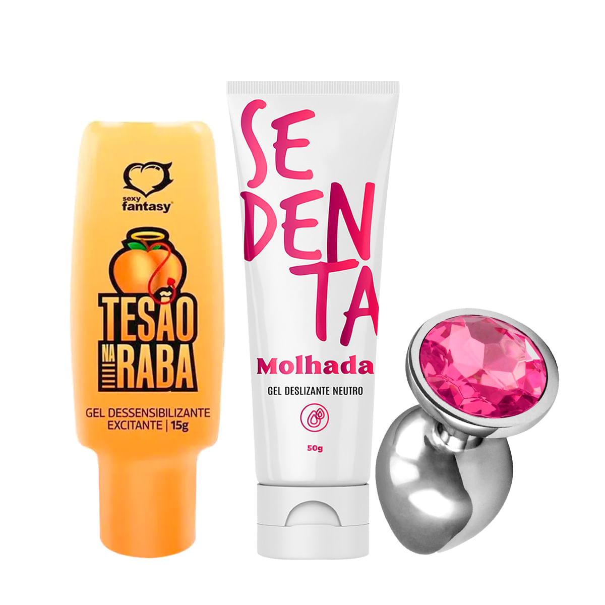 Kit com Sedenta Molhada Gel Deslizante Neutro Tesão na Raba Gel Dessensibilizante e Plug Anal