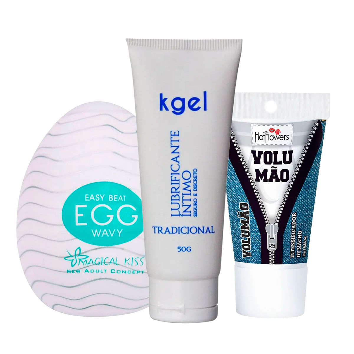 Kit com KGEL Lubrificante Egg Wavy Masturbador e Volumão Excitante