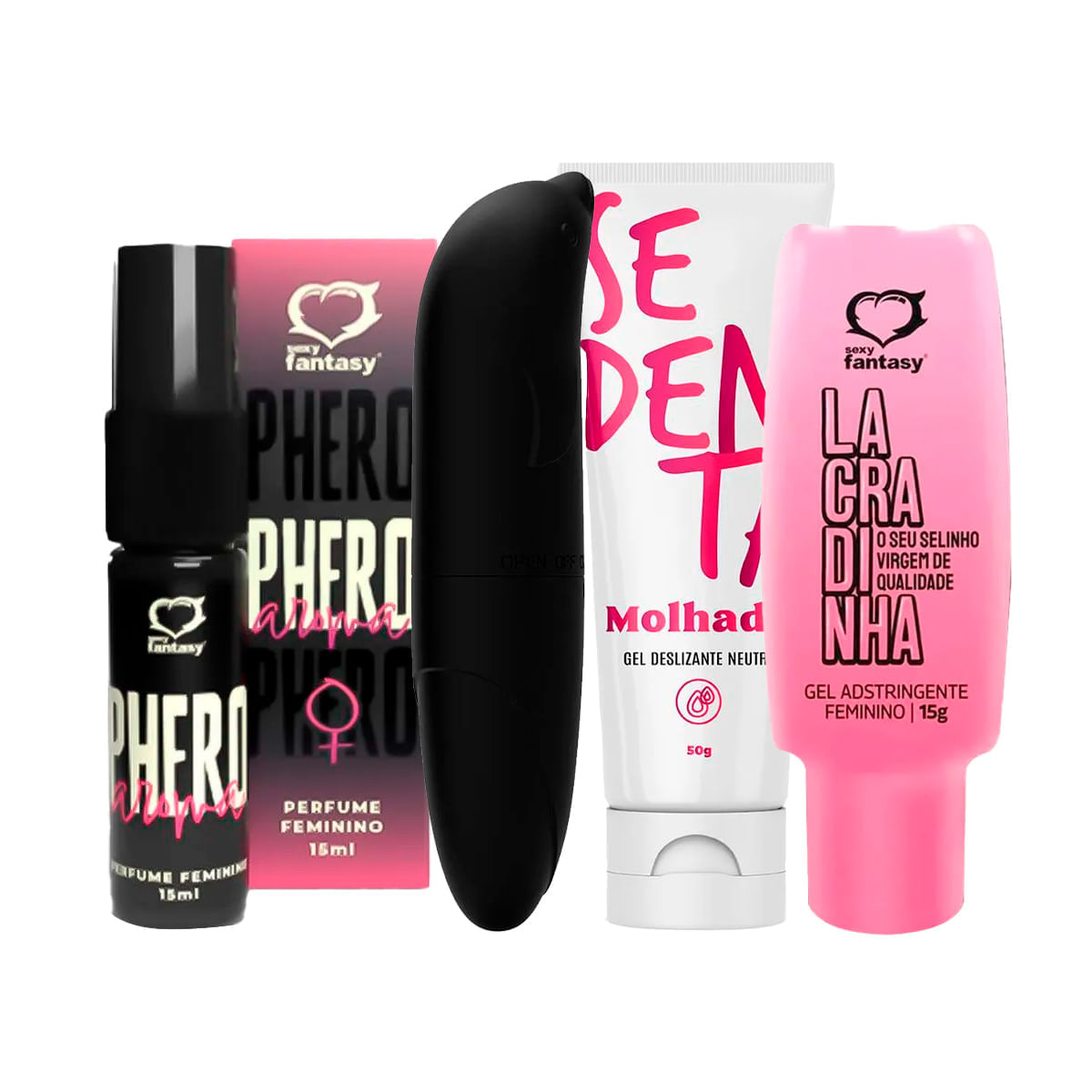 Kit com Perfume Phero Aroma Feminino Vibrador Ponto G Sedenta Molhada e Lacradinha Gel Adstringente