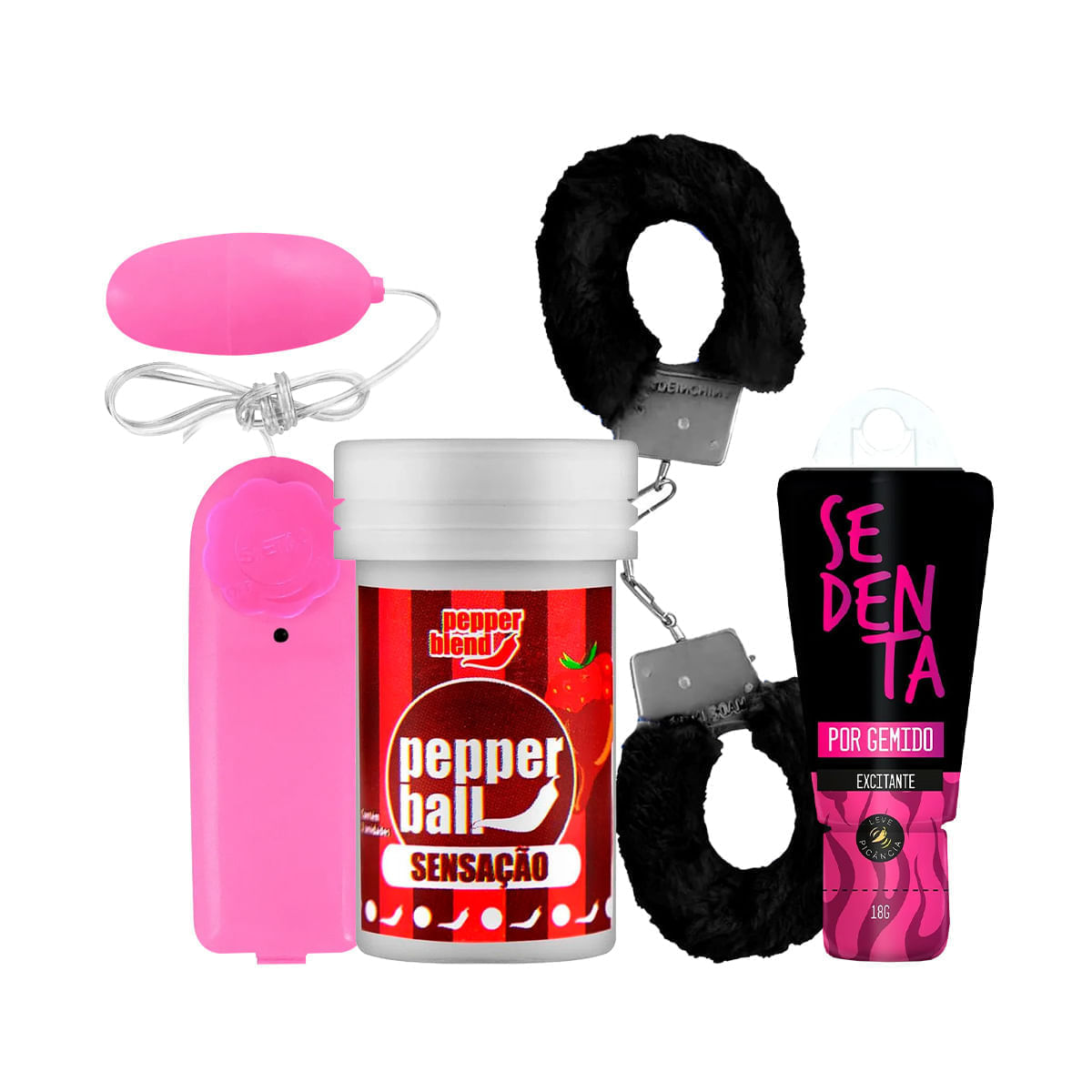 Kit com Bullet Vibro Ó Pepper Ball Bolinha Explosiva Algema MyCuff e Sedenta por Gemido