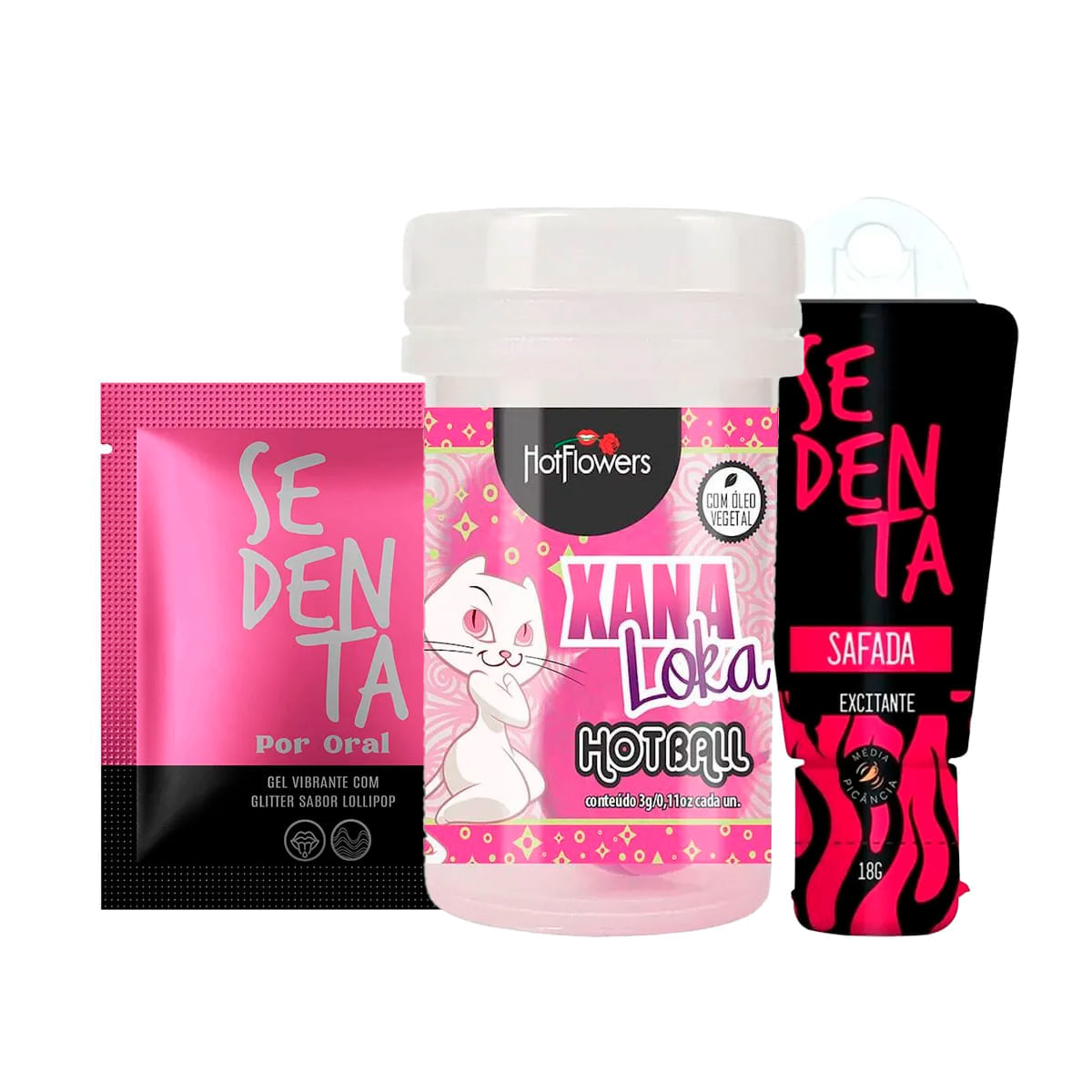 Kit com Sachê Sedenta Por Oral Hot Ball Xana Loka Esquenta Esfria e Vibra e Sedenta Safada Excitante