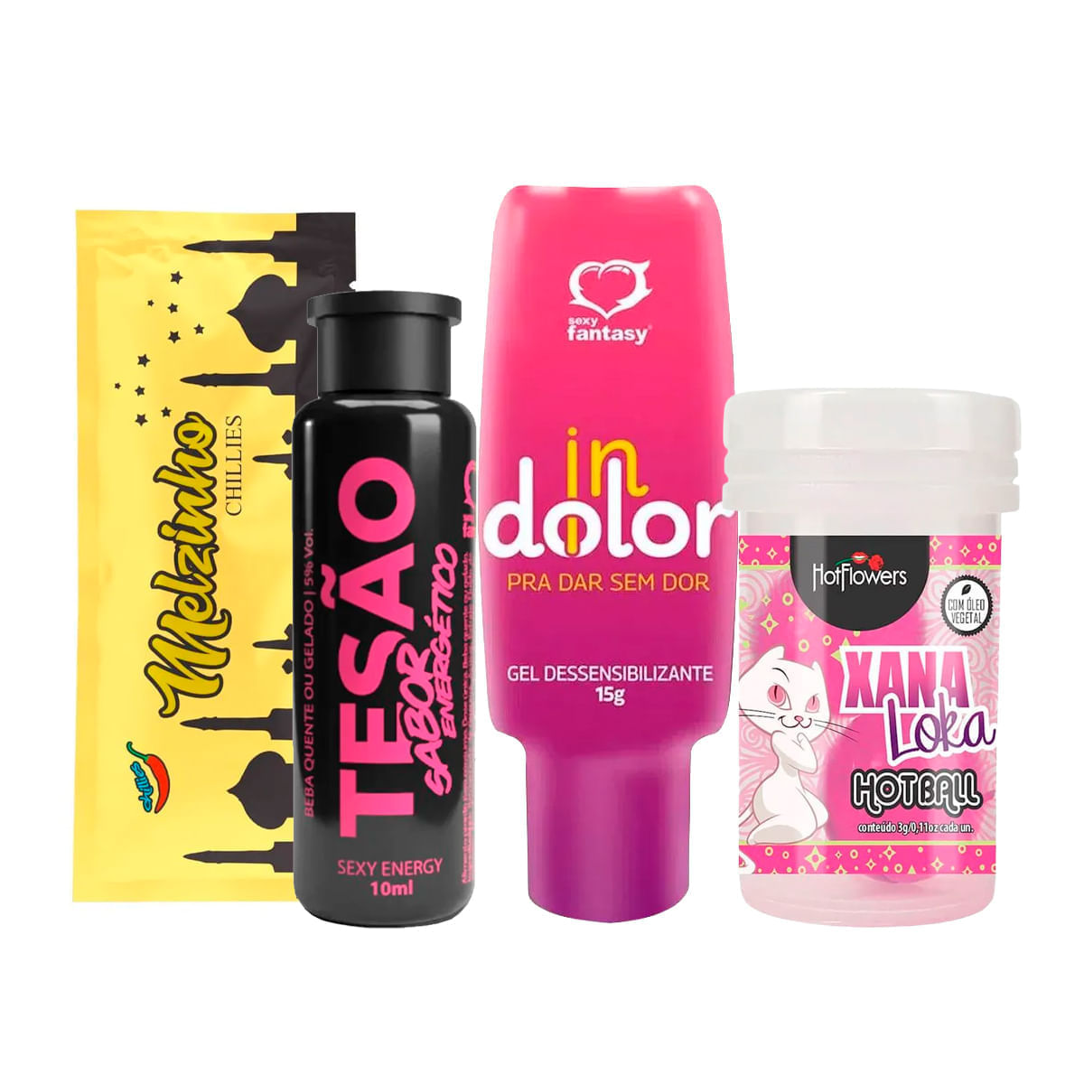 Kit com Indolor Hot Ball Xana Loka Tesão Sabor Energético e Melzinho Árabe do Prazer