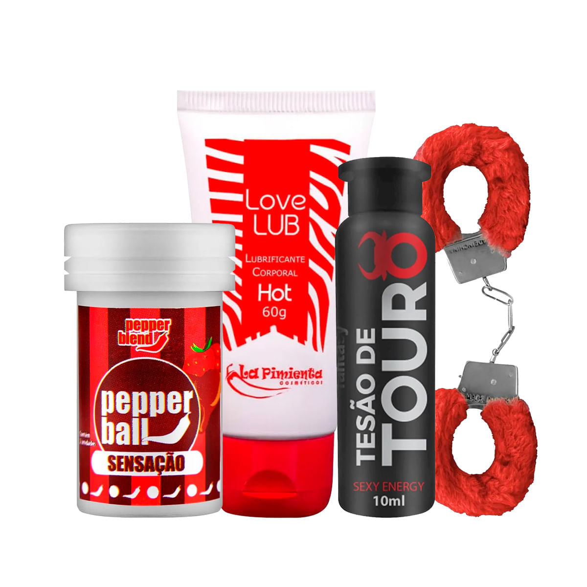 Kit com Pepper Ball Bolinha Explosiva Tesão de Touro Afrodisíaco Algema MyCuff e Love Lub Hot