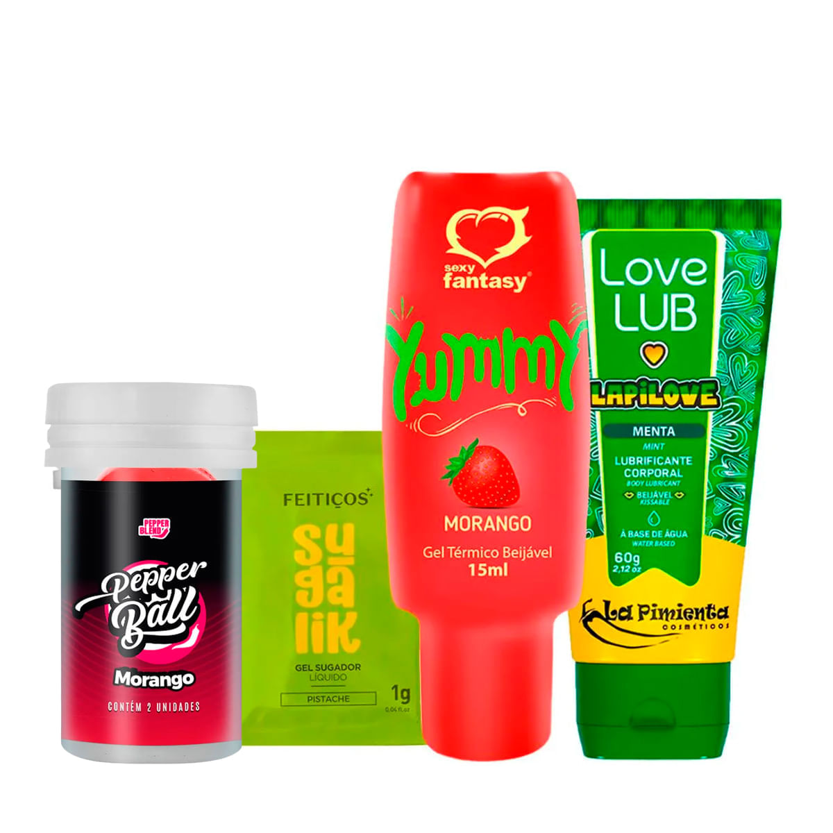 Kit com Pepper Ball Bolinha Explosiva Sachê Sugalik Sugador Líquido Gel Yummy e Love Lub LapiLove