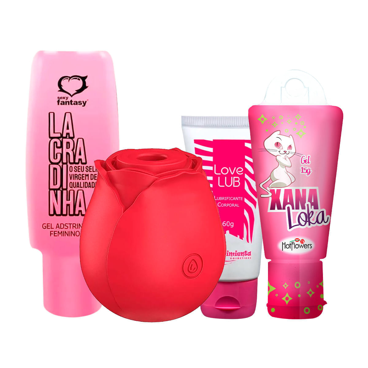 Kit com Xana Loka Lacradinha Love Lub e Rosa Estimuladora