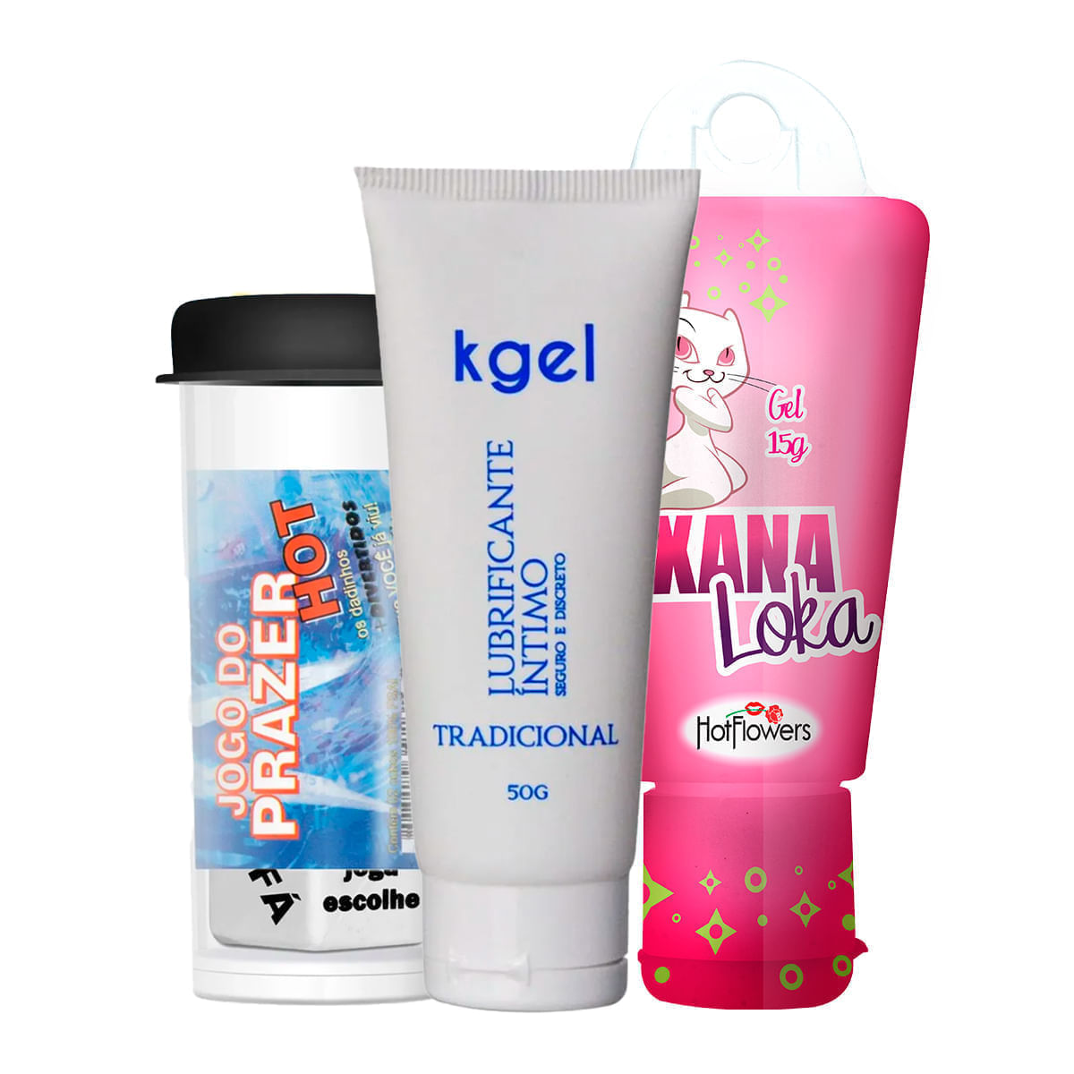 Kit com KGEL Lubrificante Xana Loka Excitante e Dados Eróticos Jogo do Prazer