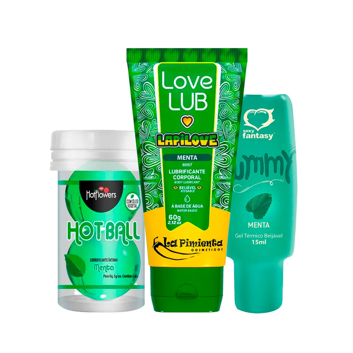 Kit com Hot Ball Beija Muito Love Lub Bubbalove e Yummy Gel Térmico Beijável