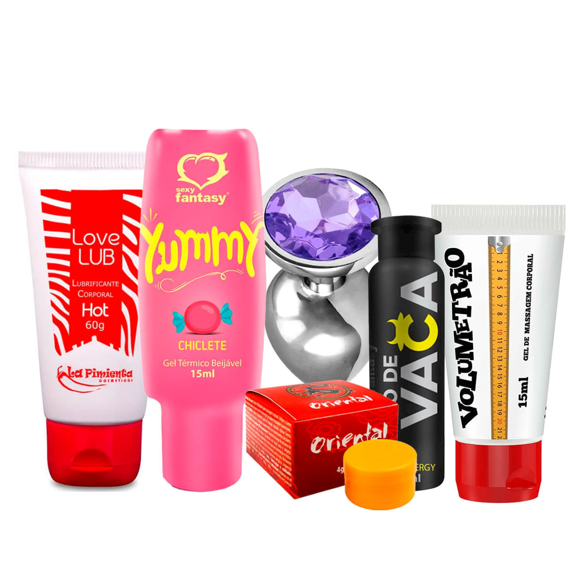 Kit com Yummy Love Lub Hot Plug Anal Tesão de Vaca Pomada Oriental e Volumetrão