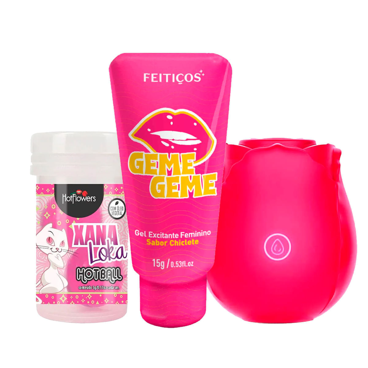 Kit com Hot Ball Xana Loka Estimulador em Formato de Rosa e Geme Geme