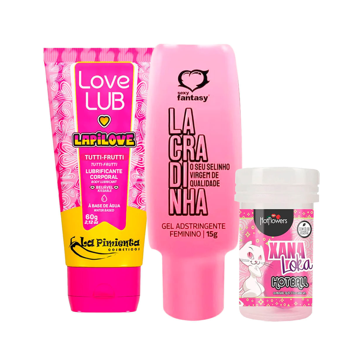 Kit com Lacradinha Gel Adstringente Feminino Love Lub LapiLove e Hot Ball Xana Loka